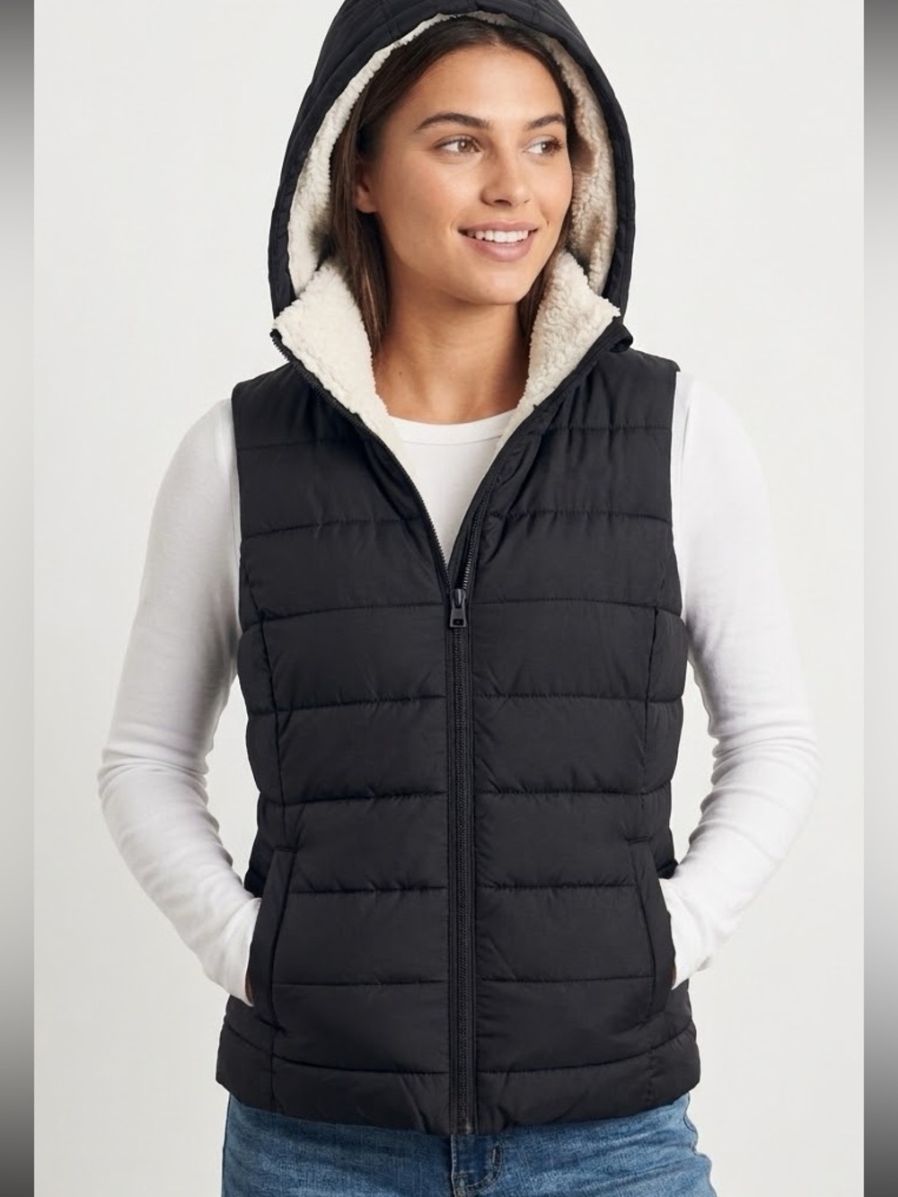 Hollister Black Hooded Puffer Vest with Sherpa Lining Women’s Large